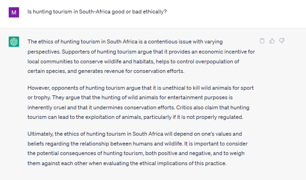 Tekoälysovellus ChatGPT:n vastaus Etelä-Afrikan metsästysturismin vastuullisuudesta